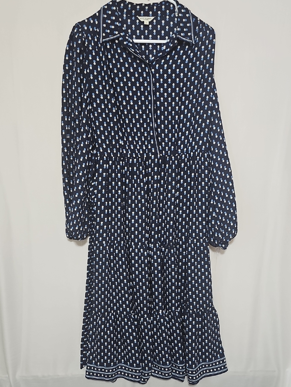 Max Studio Navy Blue Printed Long Sleeve Midi Dress with Light Blue Motif